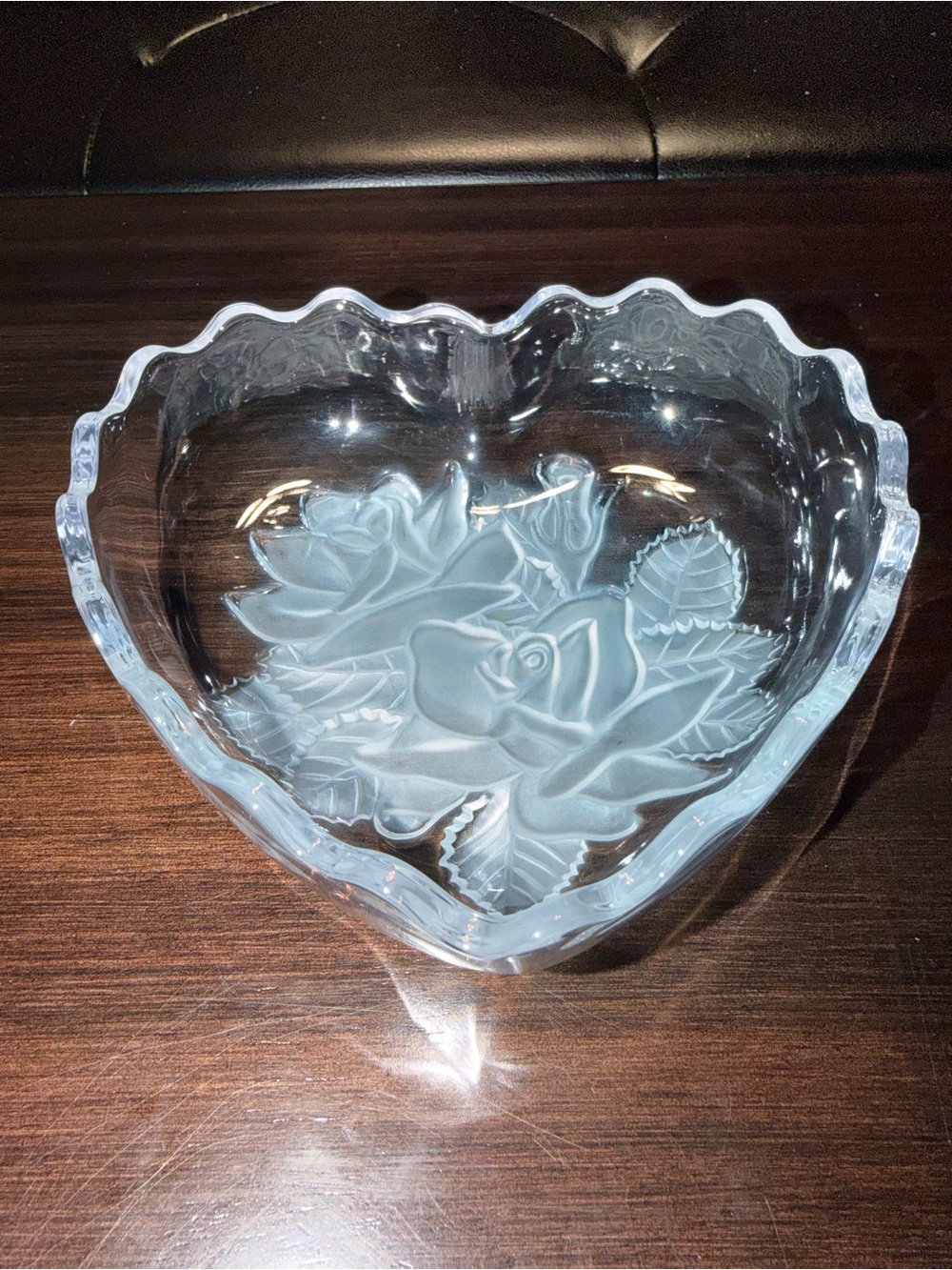 Vintage Glass Heart Bowl with Etched Rose Design - Clear with Frosted Glass